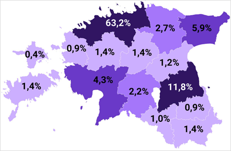 Kuvatõmmis Eesti kaardist koos maakonna osatähtsusega Eesti SKPs (2024). Allikas: Statistikaamet.